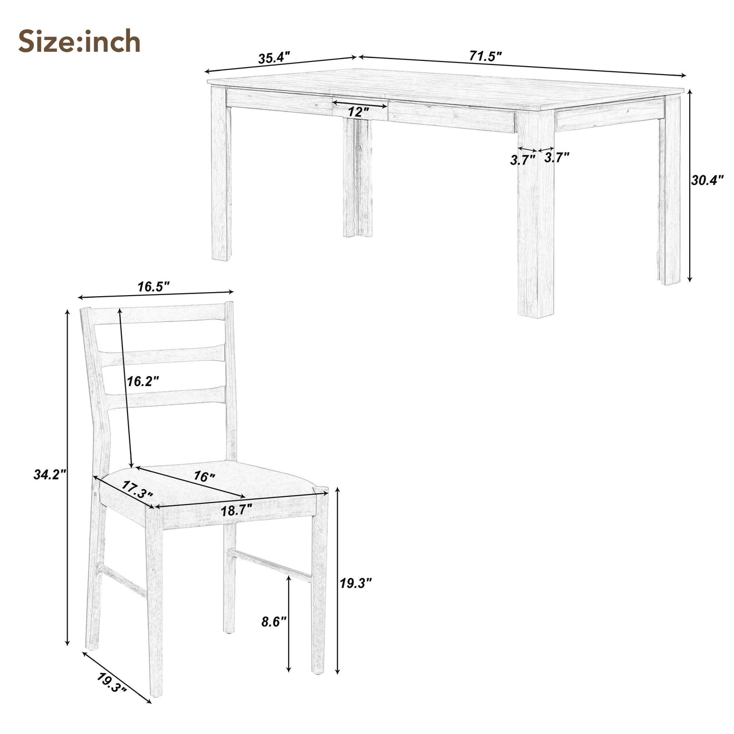 TREXM 7-Piece Wooden Dining Table Set Mutifunctional Extendable Table with 12" Leaf and 2 Drawers, 6 Dining Chairs with Soft Cushion (Brown + White)