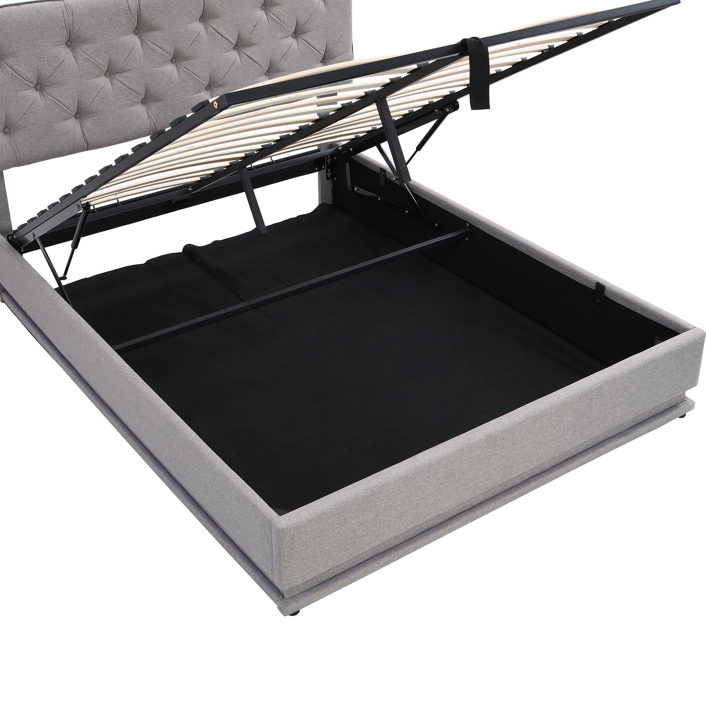 Queen Size Upholstered Bed with Hydraulic Storage System and LED Light, Modern Platform Bed with Button-tufted Design Headboard, Gray