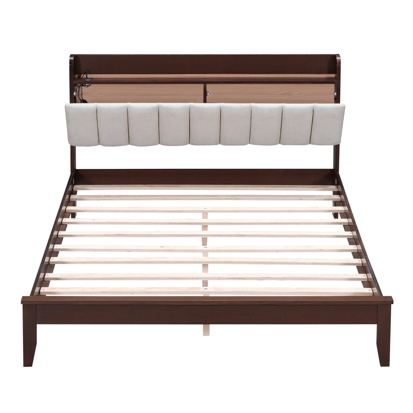 Queen size Platform Bed with USB Charging Station and Storage Upholstered Headboard,LED Bed Frame,No Box Spring Needed,Walnut+Beige