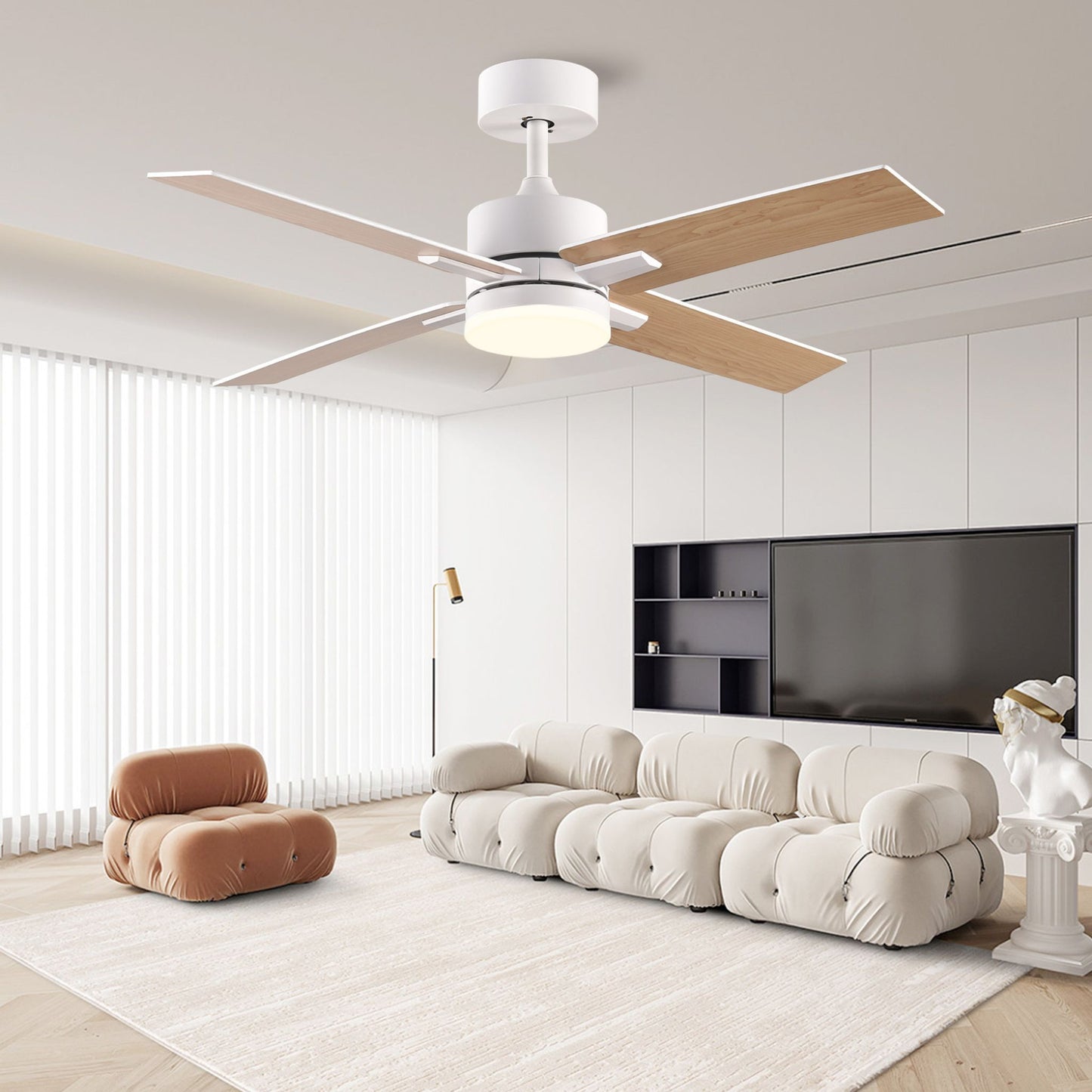 44 Inch White Modern Ceiling Fan with Remote Control for All Seasons