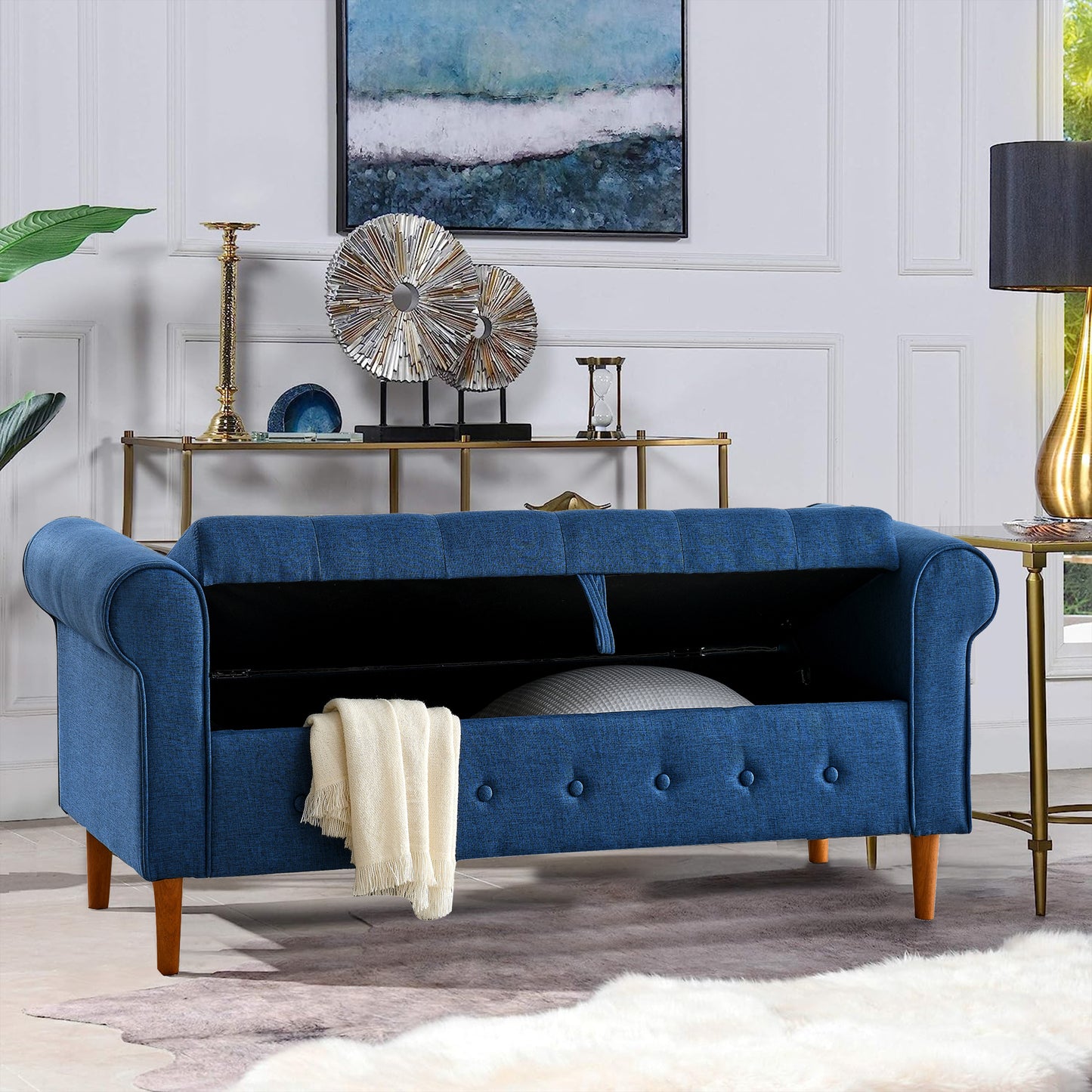 62" Bedroom Tufted Button Storage Bench, Linen Upholstered Ottoman, Window Bench, Rolled Arm Design for Bedroom, Living Room, Foyer (Blue)