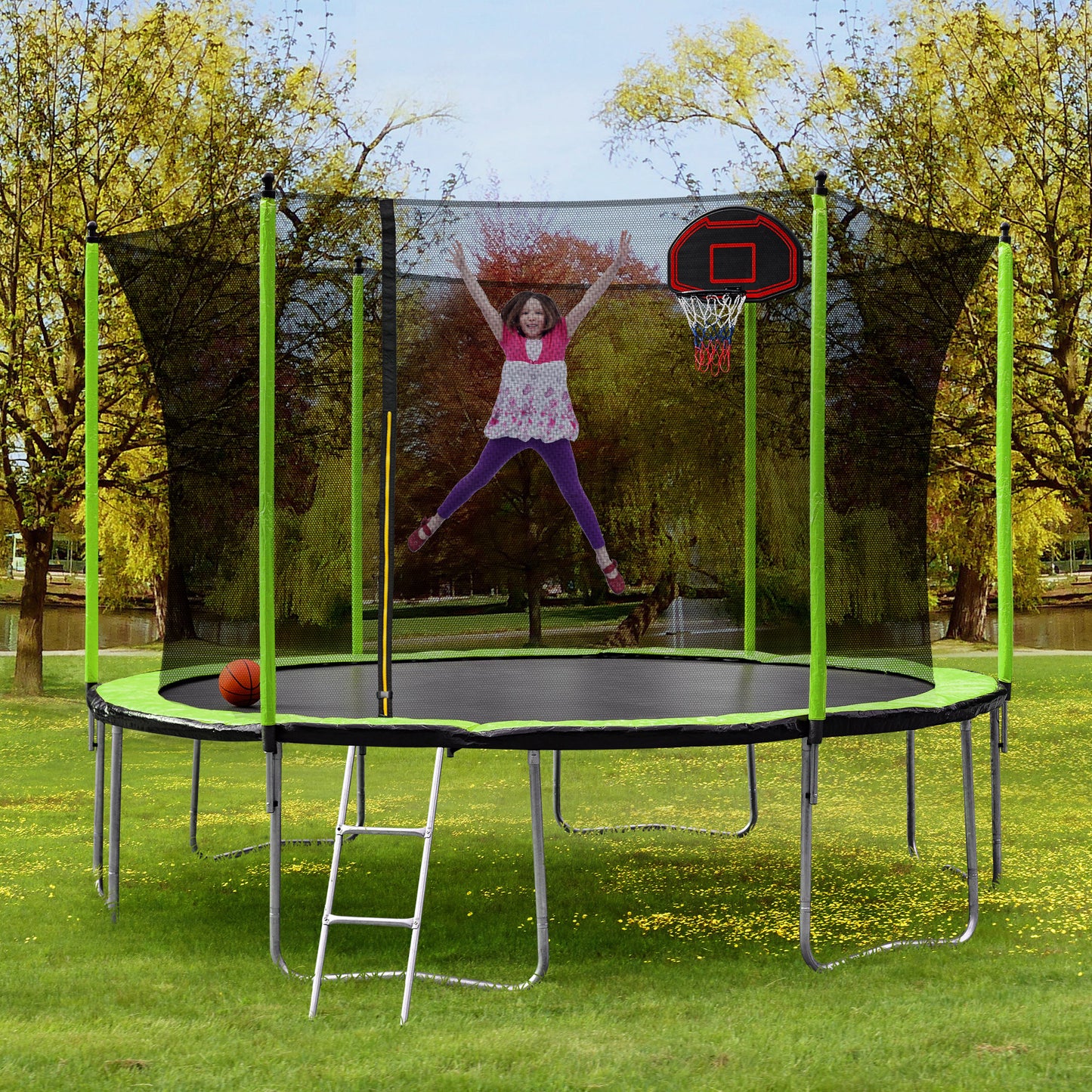 14FT  Trampoline with Basketball Hoop Inflator and Ladder(Inner Safety Enclosure) Green