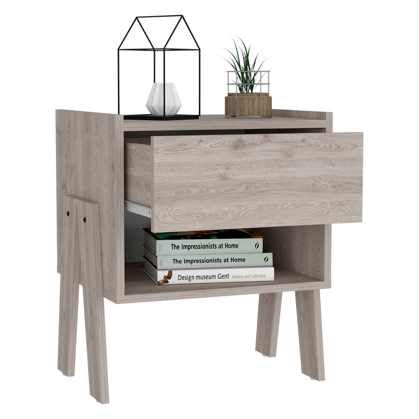 Joy Nightstand, Four Legs, One Open Shelf, One Drawer  -Light Gray