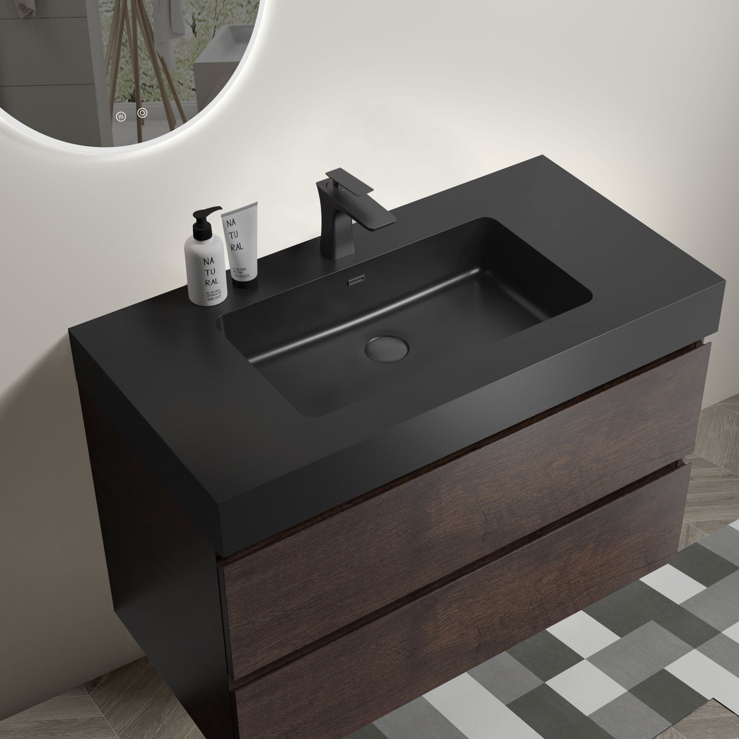 Alice-36W-105,Wall mount cabinet WITHOUT basin,Walnut color,With two drawers