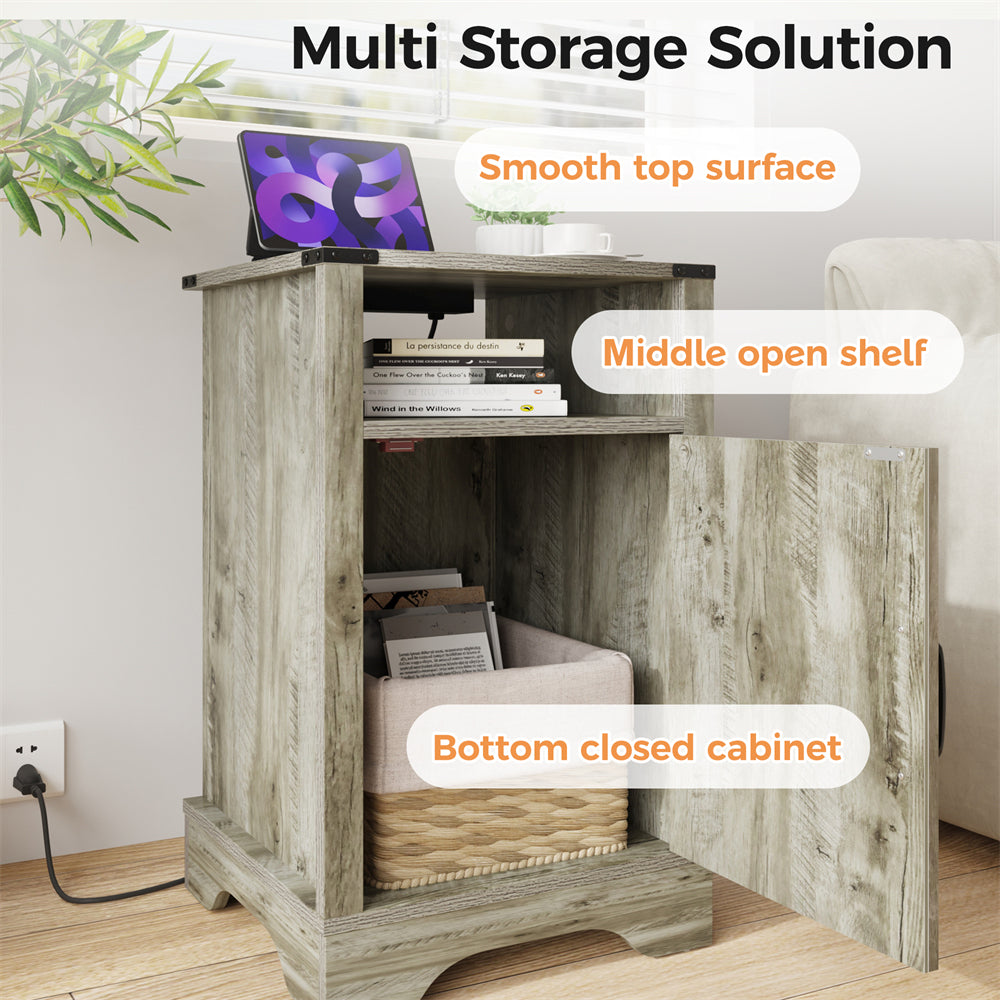 Wholesale Light Gray Door Wood Nightstands Cabinet Tall Bedside Table With Charging Station Bedroom Living Room