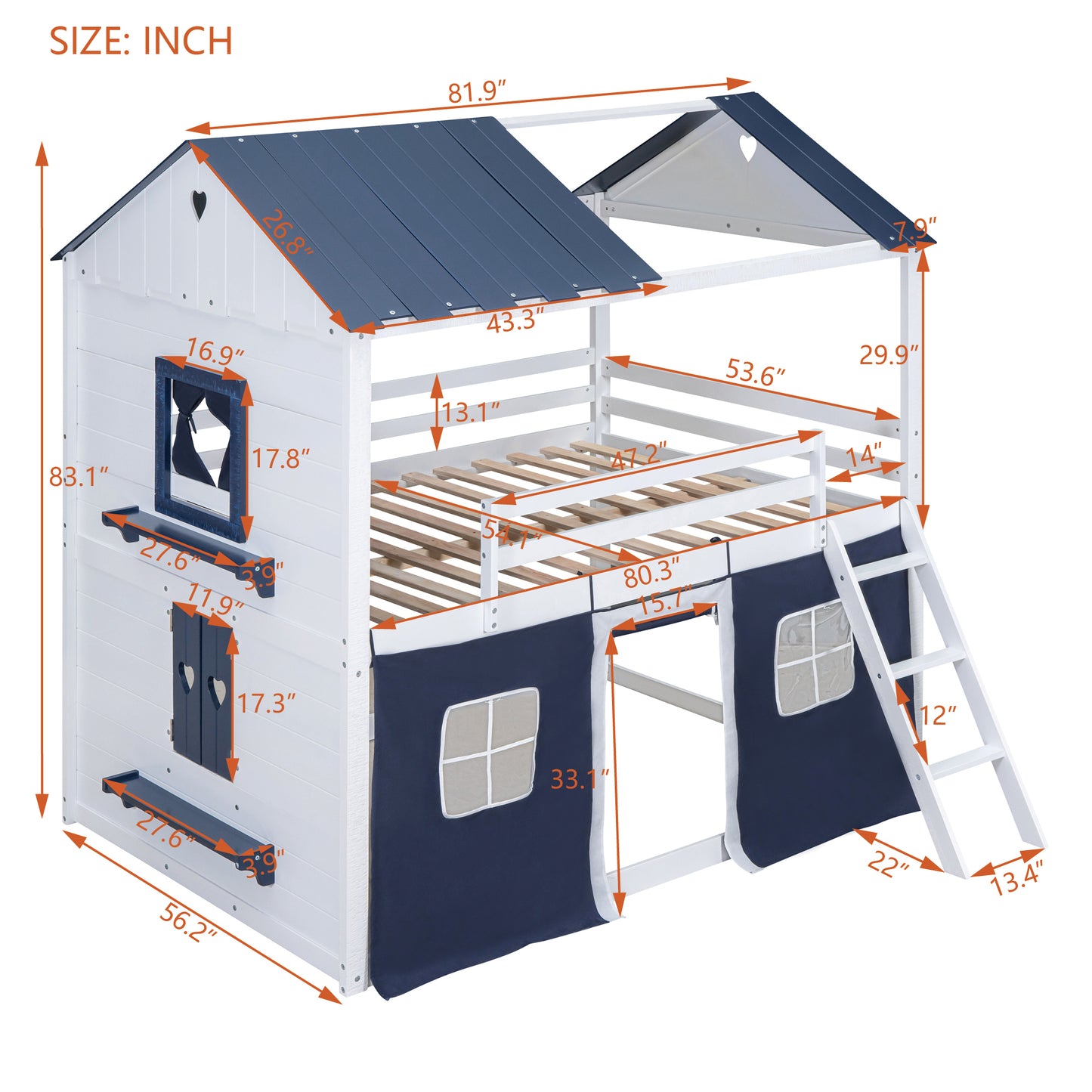 Full Size Bunk Wood House Bed with Elegant Windows, Sills and Tent,  Blue+White