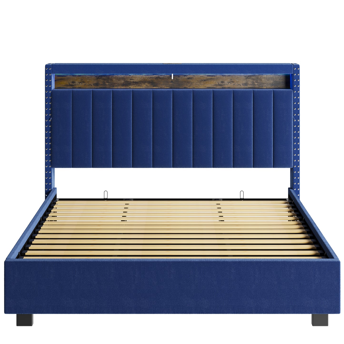 Luxury Gas Lift Storage Bed with RF LED Lights, Storage Headboard ,QUEEN Size ,Velvet Blue