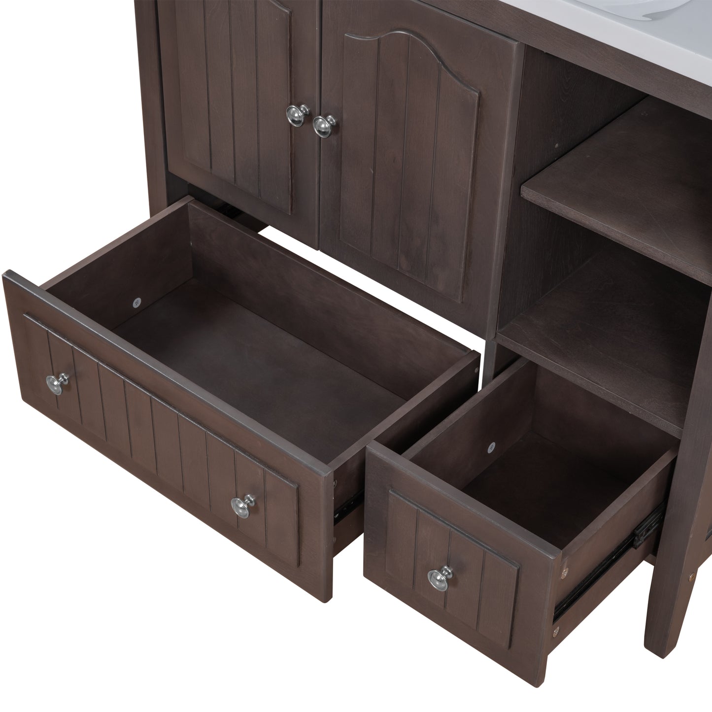 36" Bathroom Vanity with Ceramic Basin, Bathroom Storage Cabinet with Two Doors and Drawers, Solid Frame, Metal Handles, Brown