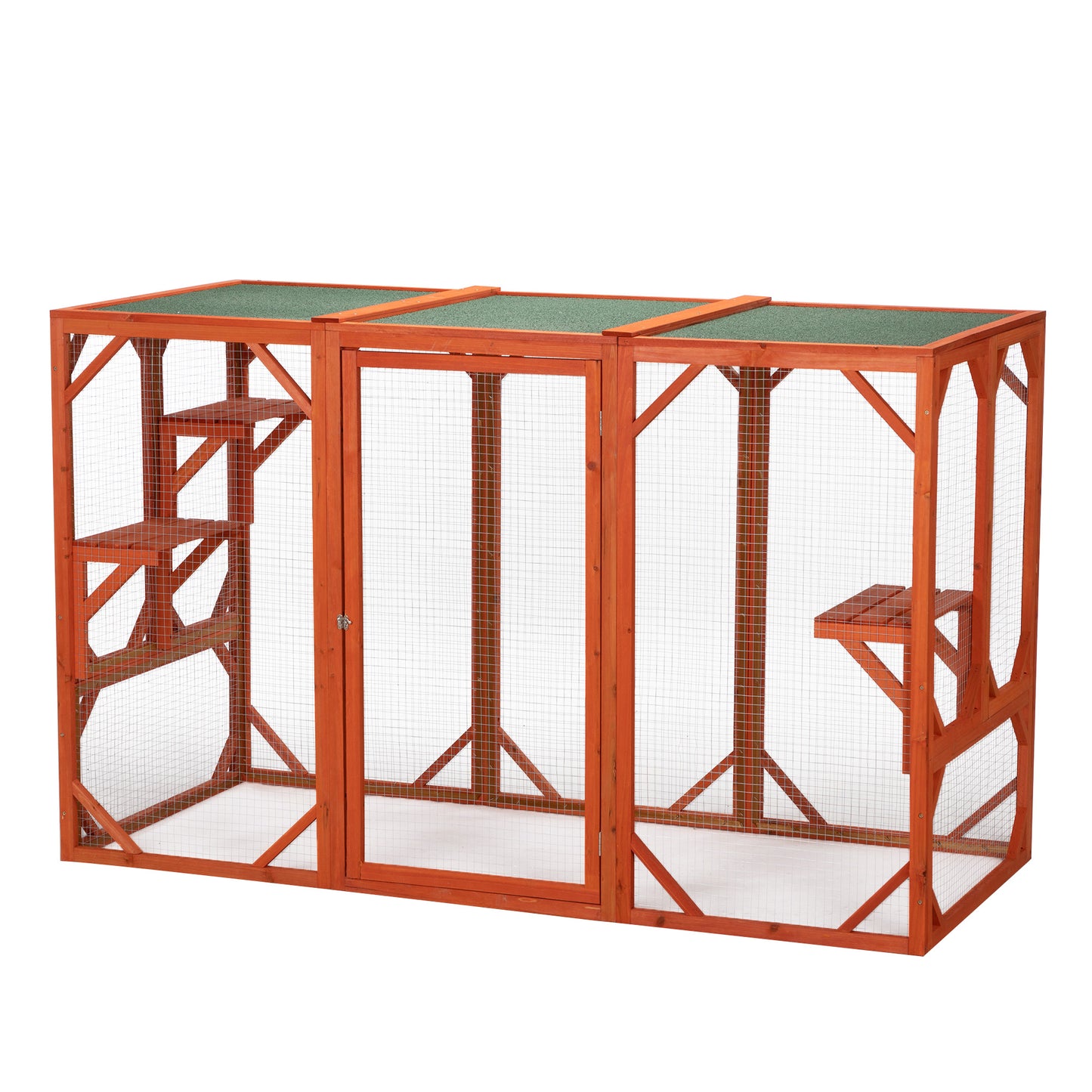 Wooden Cat House, Outdoor Cat Cage with Water-proof Asphalt Planks and Cat Perches, Orange