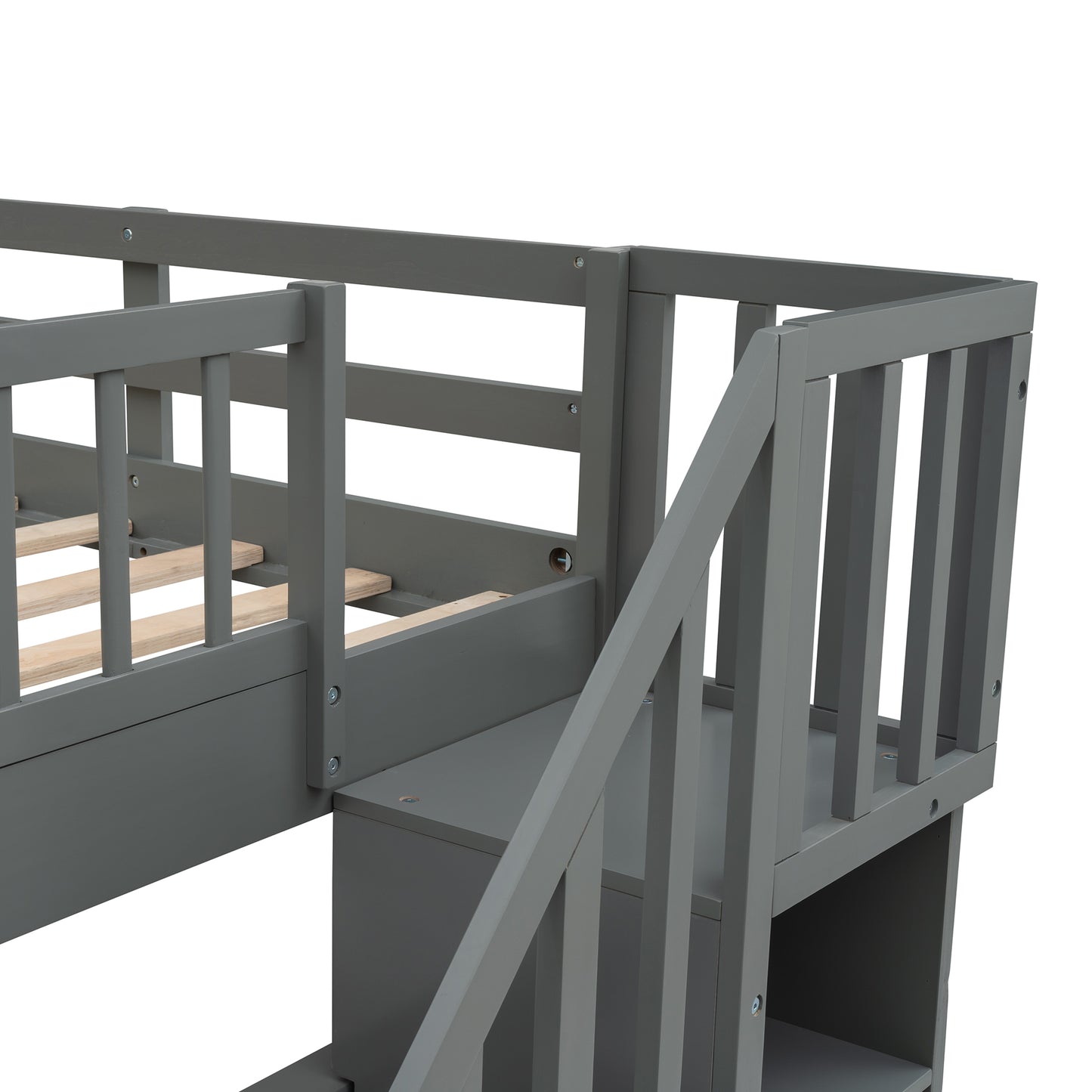 Gray Full-Over-Full Bunk Bed with Twin Trundle and Storage System