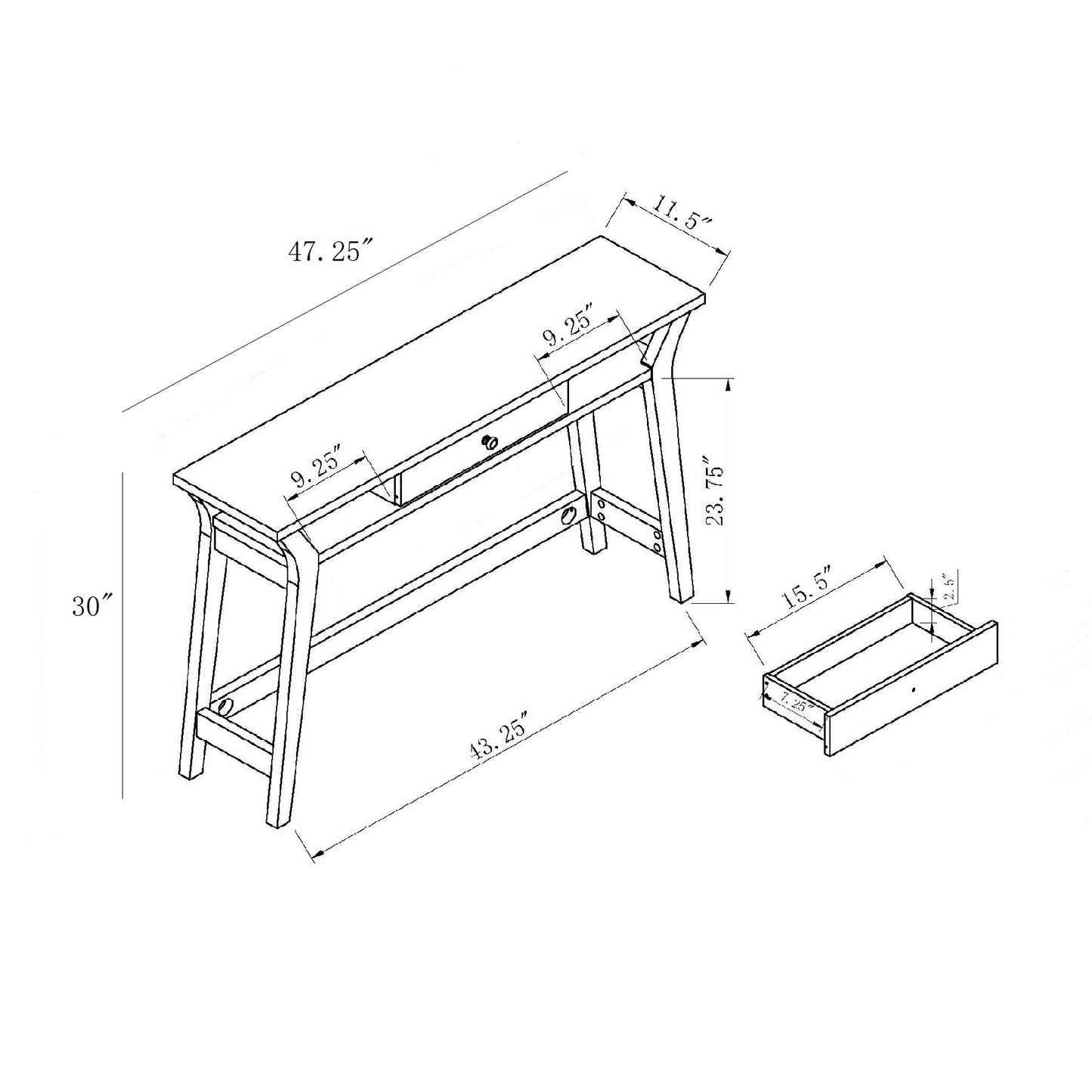 White Console Desk with Drawer and Side Shelves