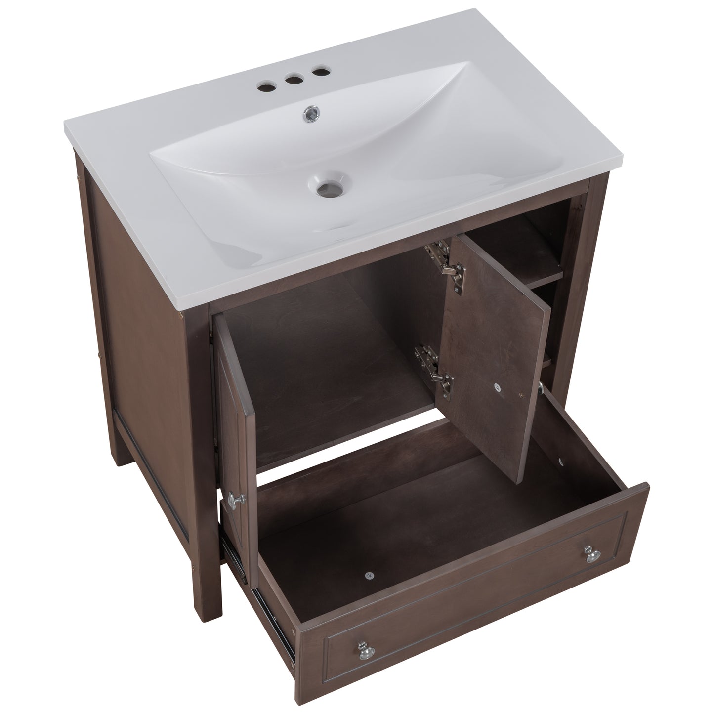 30" Bathroom Vanity with Sink, Bathroom Storage Cabinet with Doors and Drawers, Solid Wood Frame, Ceramic Sink, Brown