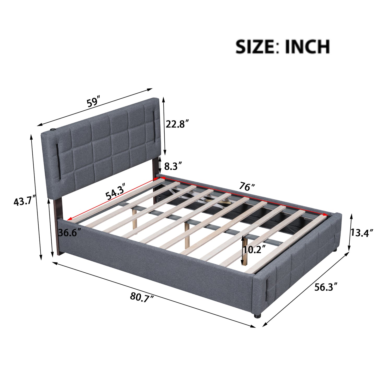 Full Size Upholstered Bed with Hydraulic Storage System and LED Light, Gray