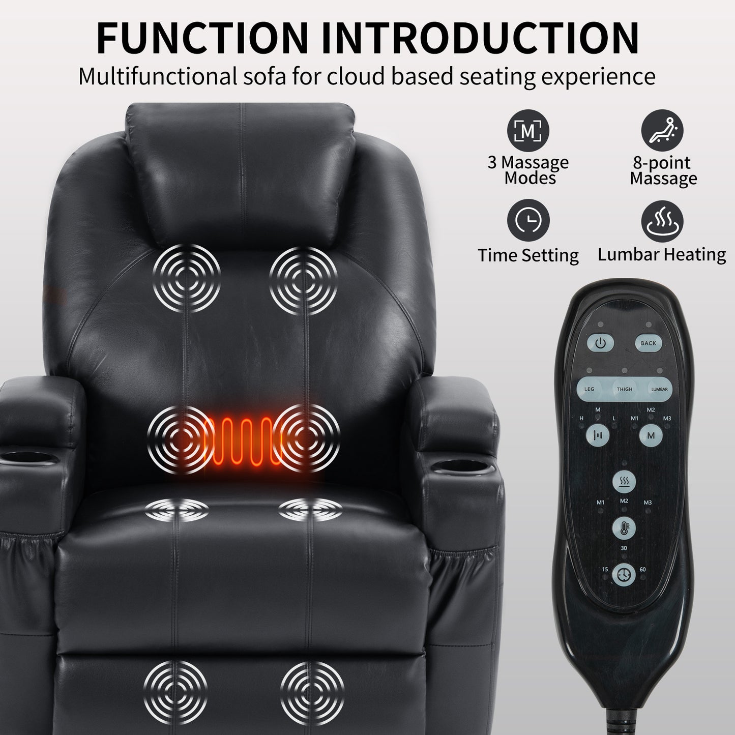 Electric Power Lift Recliner Chair with Massage, Heat, Cup Holders, and USB Port for Elderly - Black