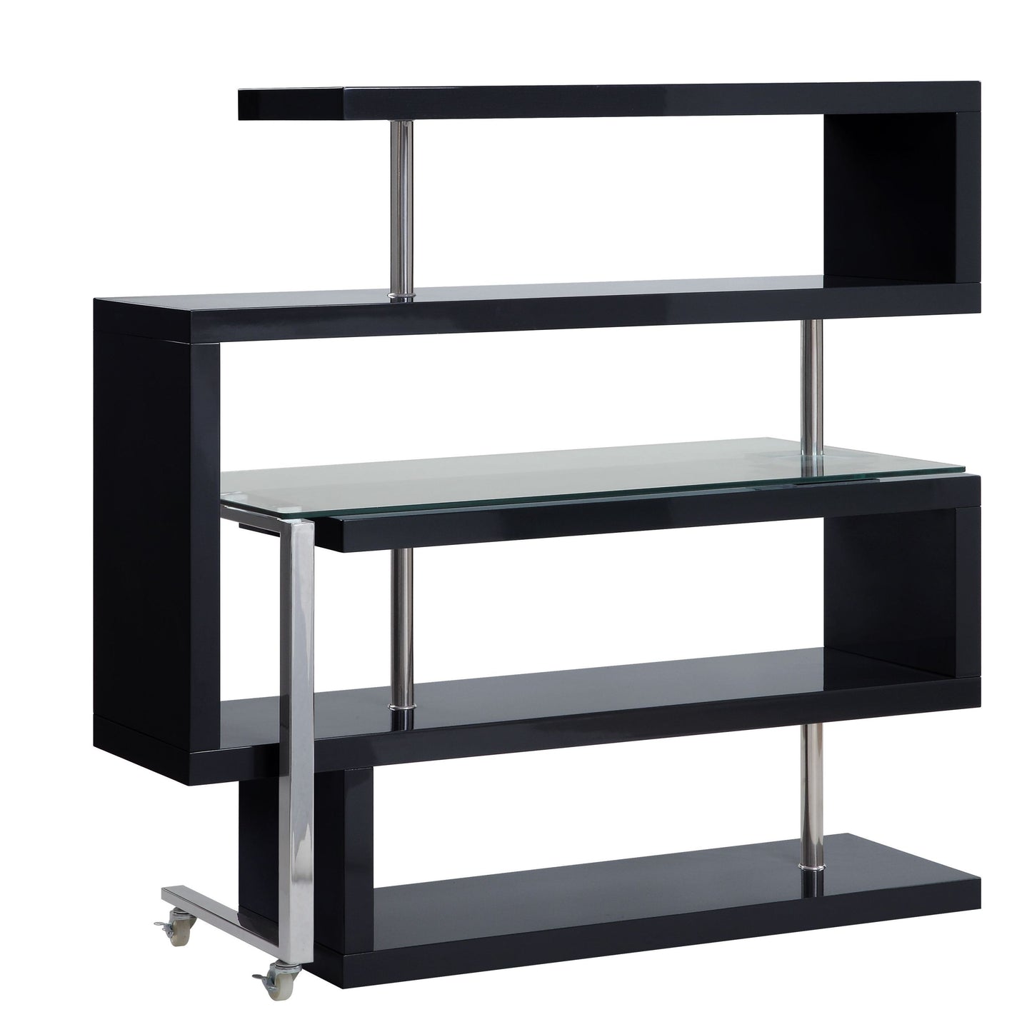 Modern Glass-Top Writing Desk with S-Shaped Shelf, Black and Chrome Finish