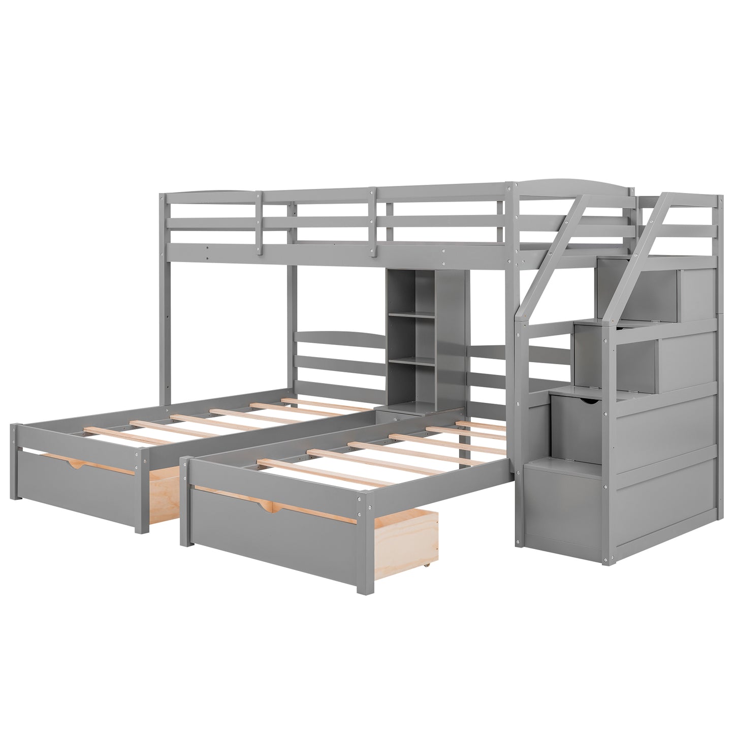 Gray Triple Bunk Bed with Storage Drawers, Staircase, and Built-in Shelves