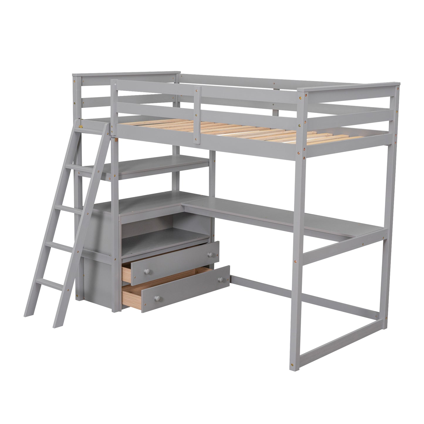 Twin Size Loft Bed with Desk and Shelves, Two Built-in Drawers, Gray(:GX000803AAE-1)