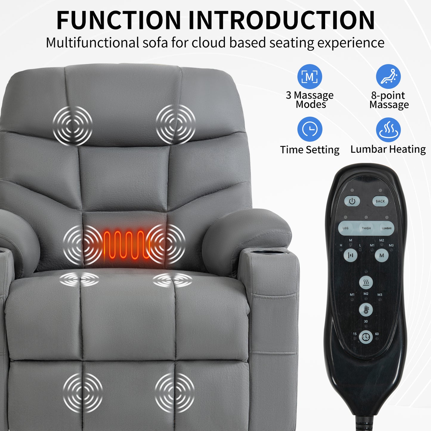 Grey Lift Recliner Chair with Massage, Heat, USB Ports, and Lumbar Support