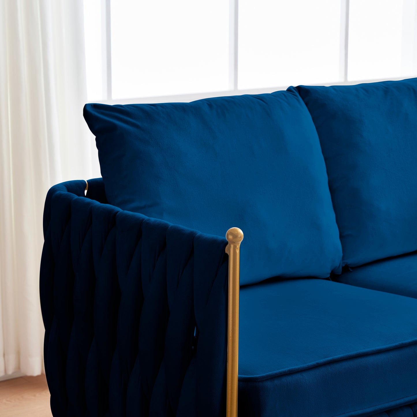 Luxurious 3-Piece Blue Velvet Living Room Set with Handwoven Tufted Backrest and Golden Metal Legs