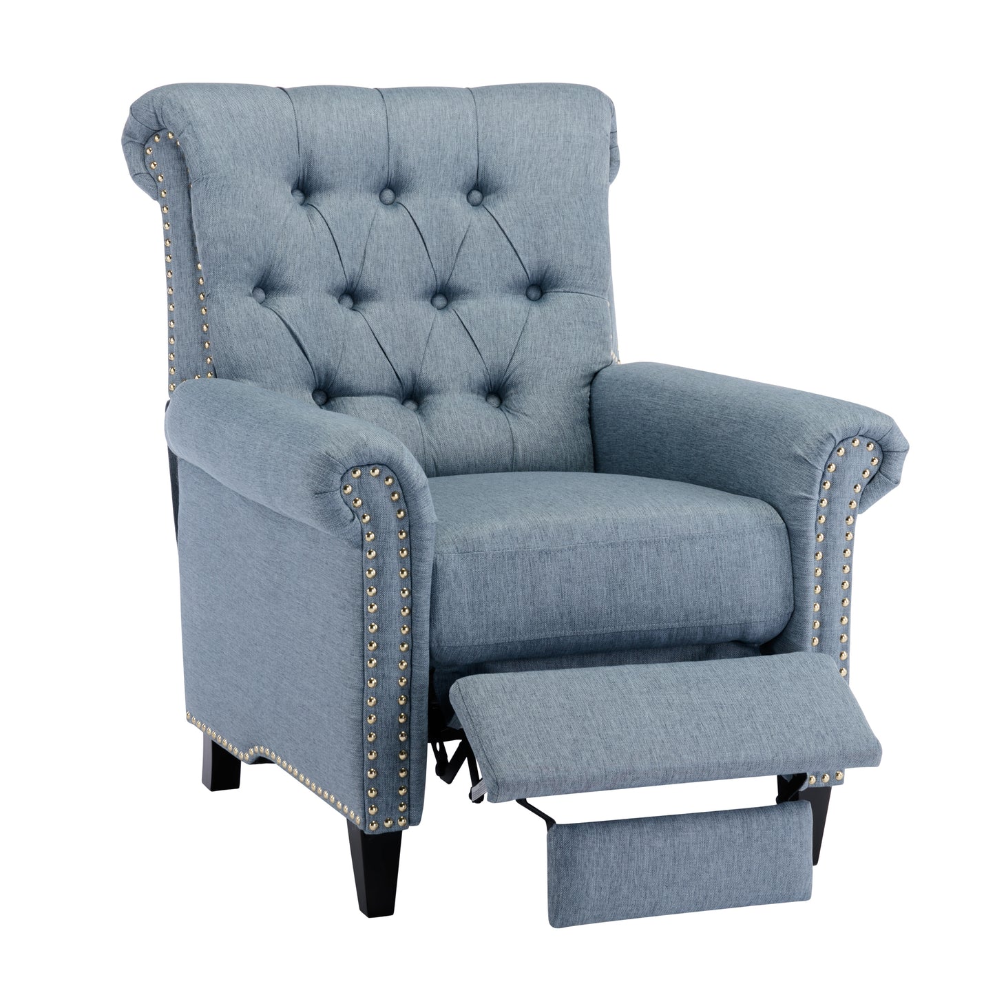 Luxurious Blue Linen Recliner with Pushback Function and Nailhead Trim