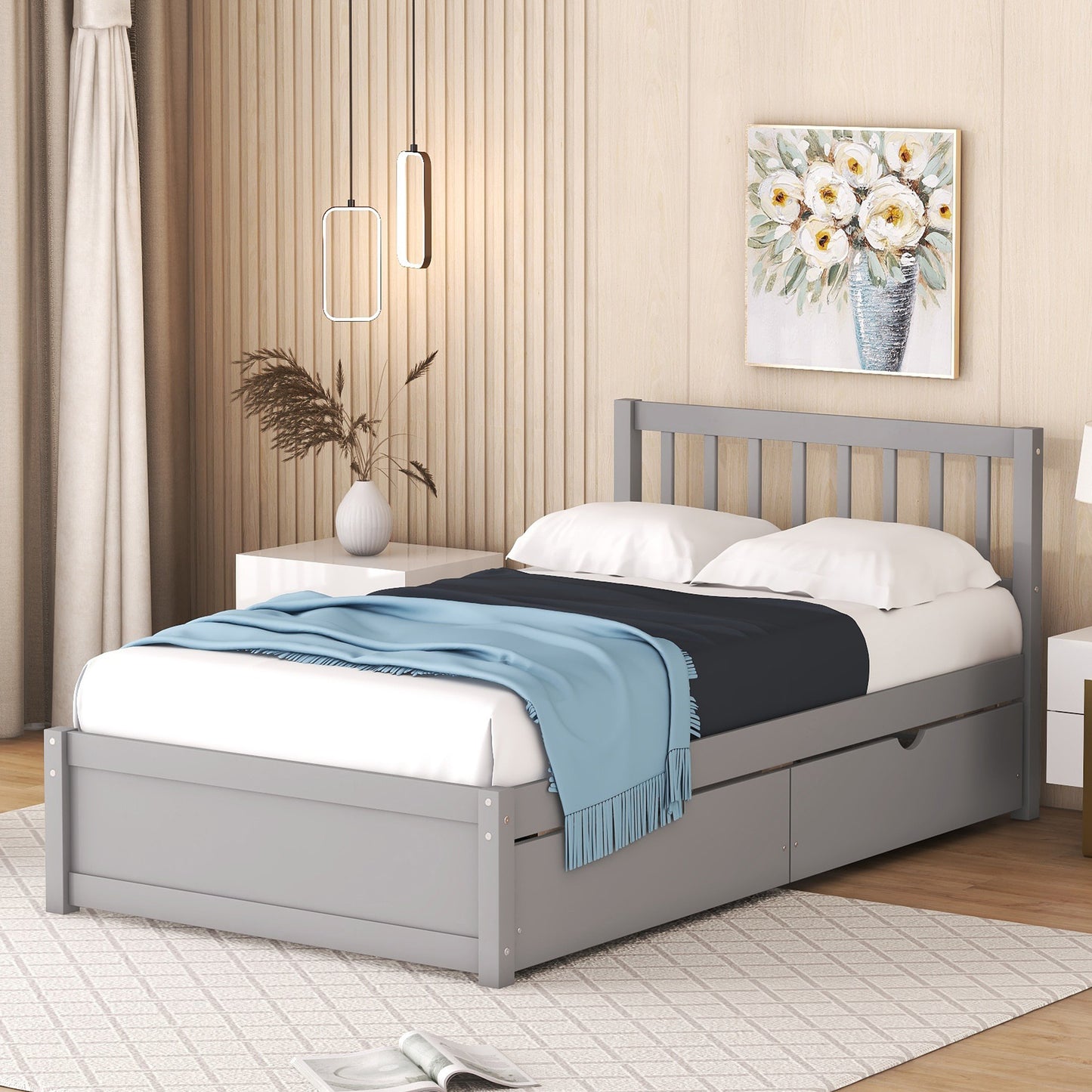 Modern Design Wooden Twin Size Platform Bed with 2 Drawers for Grey Color