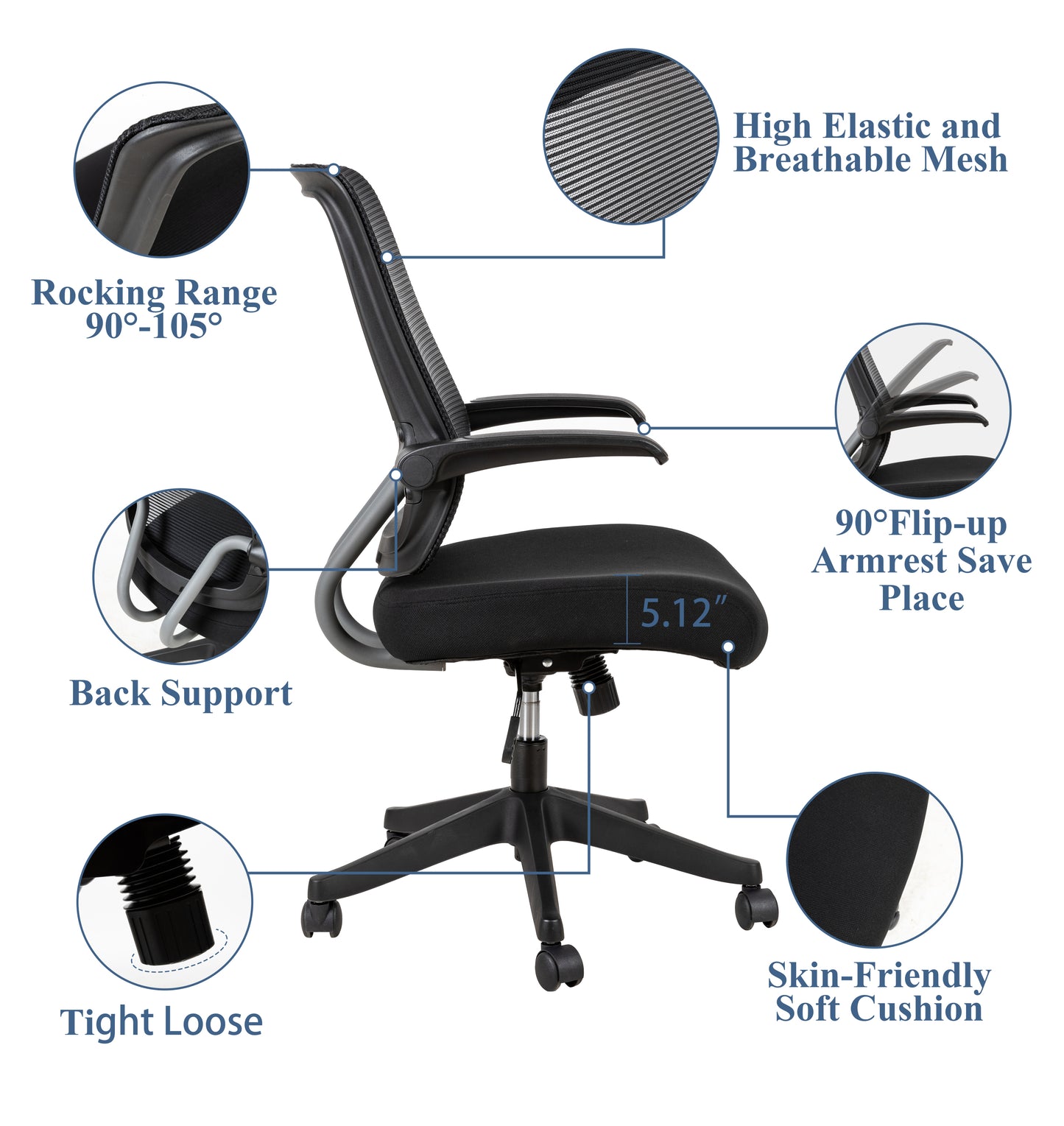 Mid task office chair with flip up arms, tilt angle max to 105 °,300LBS,Black