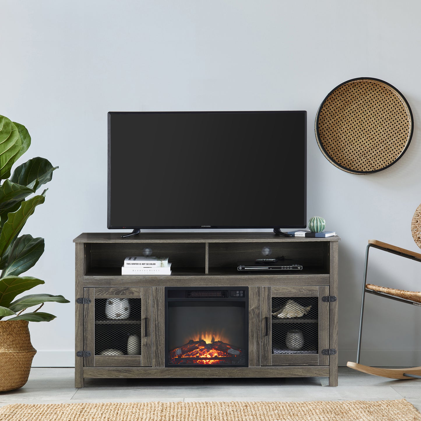 Industrial Style Electric Fireplace TV Stand with Storage Cabinet, Fits up to 65 Flat Screen TV, Grey