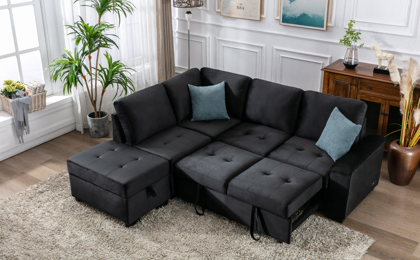 L-Shaped Sleeper Sectional Sofa with Storage Ottoman, USB Charge, and Hidden Arm Storage in Black Velvet