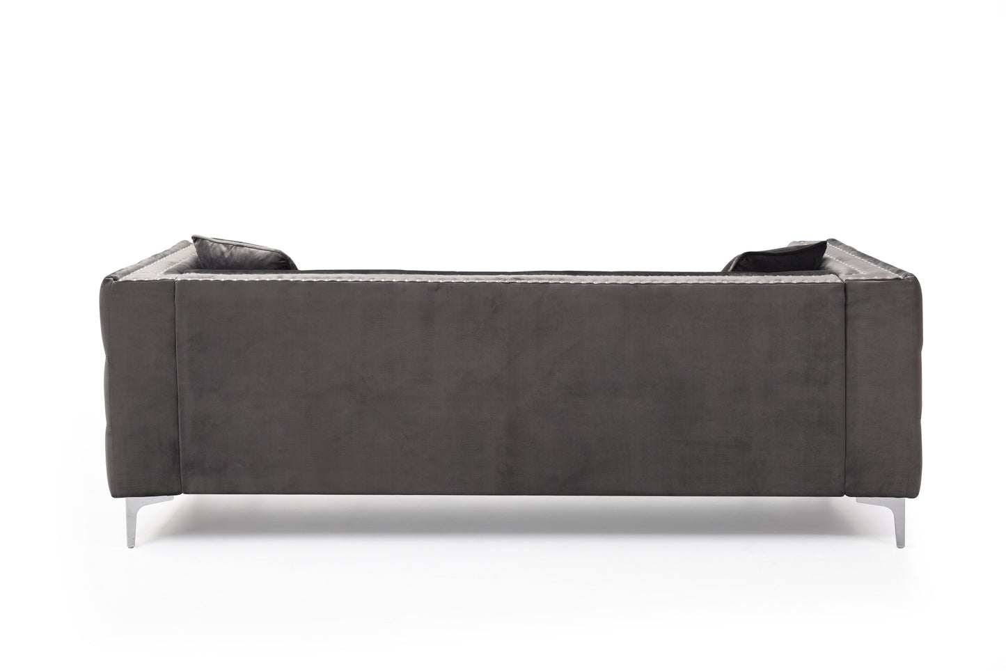 Modern Velvet Sofa with Jeweled Buttons and Tufted Square Arms, Grey, 2 Pillows Included