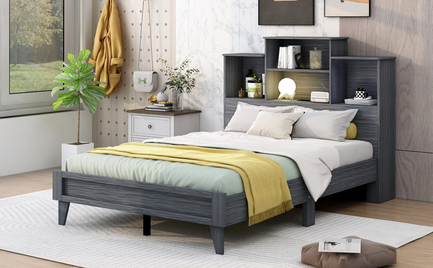 Full Size Storage Platform Bed Frame with 4 Open Storage Shelves and USB Charging Design,Gray