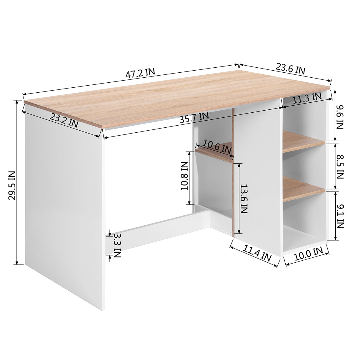 Modern Oak White Computer Desk with 5 Storage Shelves for Small Spaces