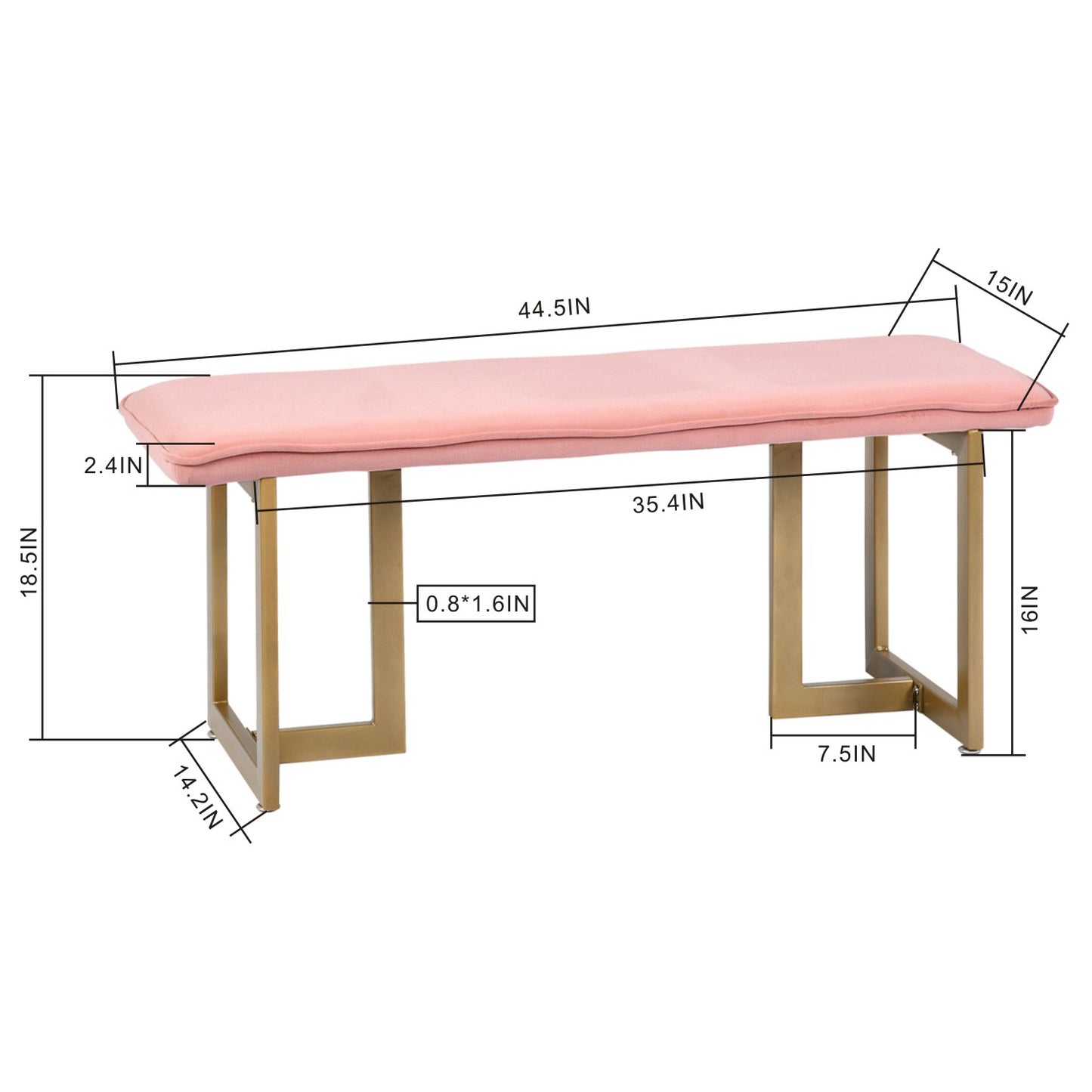 Set of 1 Upholstered Velvet Bench 44.5" W x 15" D x 18.5" H,Golden Powder Coating Legs  - PINK