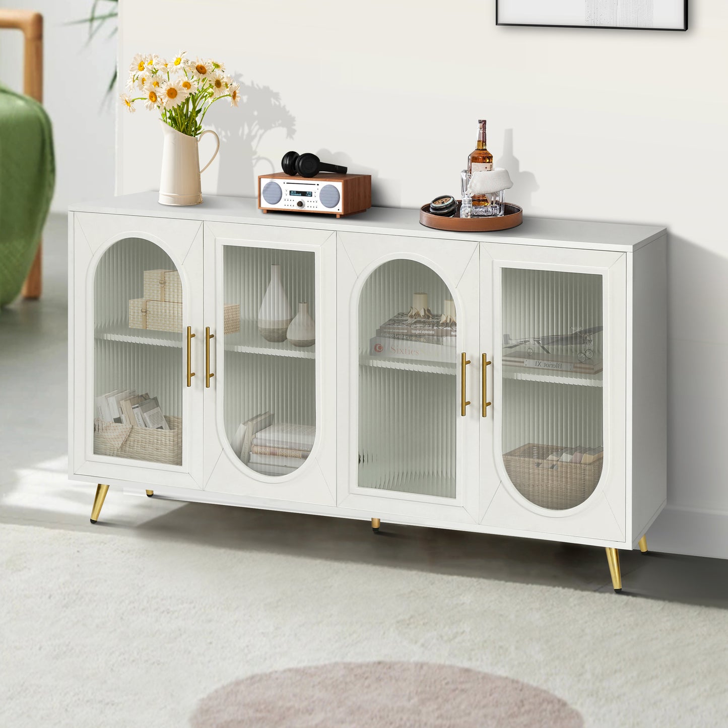 Elegant White TV Stand with Glass Door and Storage for 65+ Inch TVs