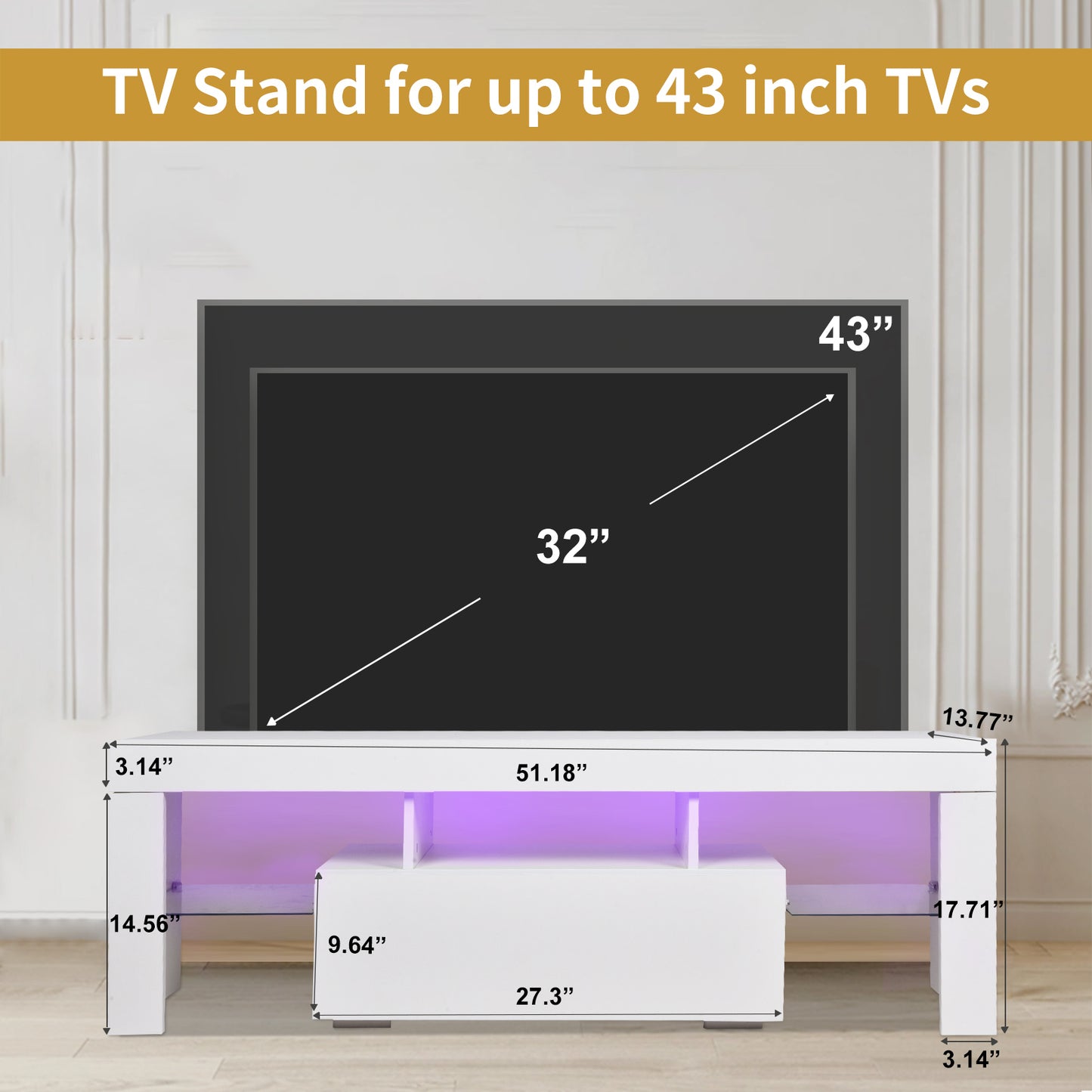 43-Inch White LED TV Stand with Color-Changing Lights and Spacious Storage