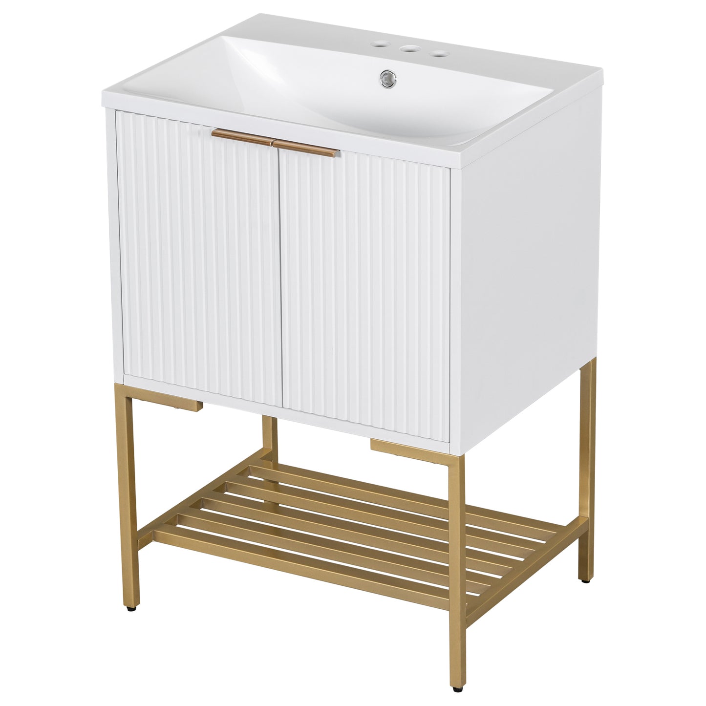 24" Bathroom Vanity with Sink, Bathroom Vanity Cabinet with Two Doors and Gold Metal Frame, Open Storage Shelf, White