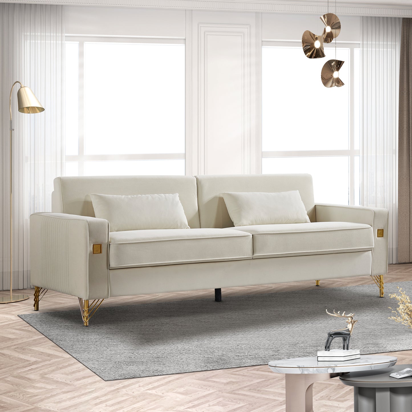 Luxurious 85.44 Modern Velvet Sofa with Gold Legs and Sumptuous Comfort