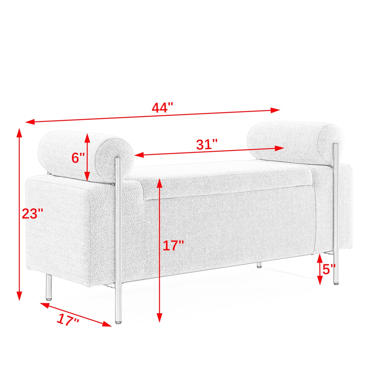 Elegant Upholstered Linen Storage Bench with Cylindrical Arms and Iron Legs for Hallway Living Room Bedroom, White