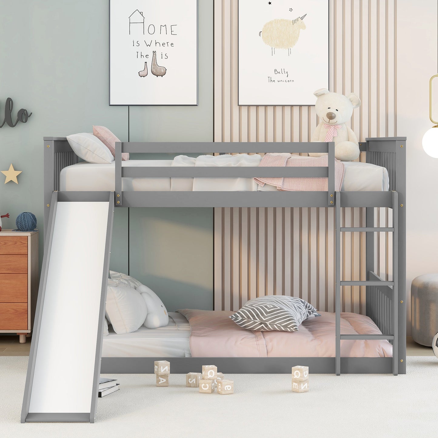 Grey Bunk Bed with Slide, Ladder, and Modern Design