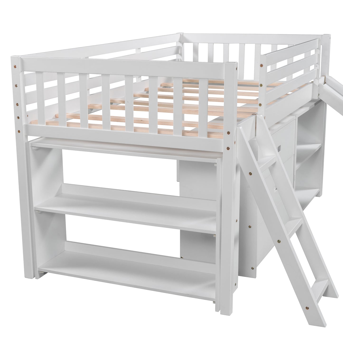 Low Loft Bed with Attached Bookcases and Separate 3-tier Drawers,Convertible Ladder and Slide,Twin,White