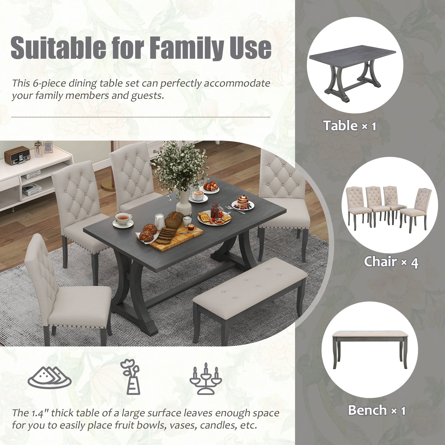 TREXM 6-Piece Farmhouse Dining Table Set, Rectangular Trestle Table and 4 Upholstered Chairs & Bench for Dining Room (Antique Gray)