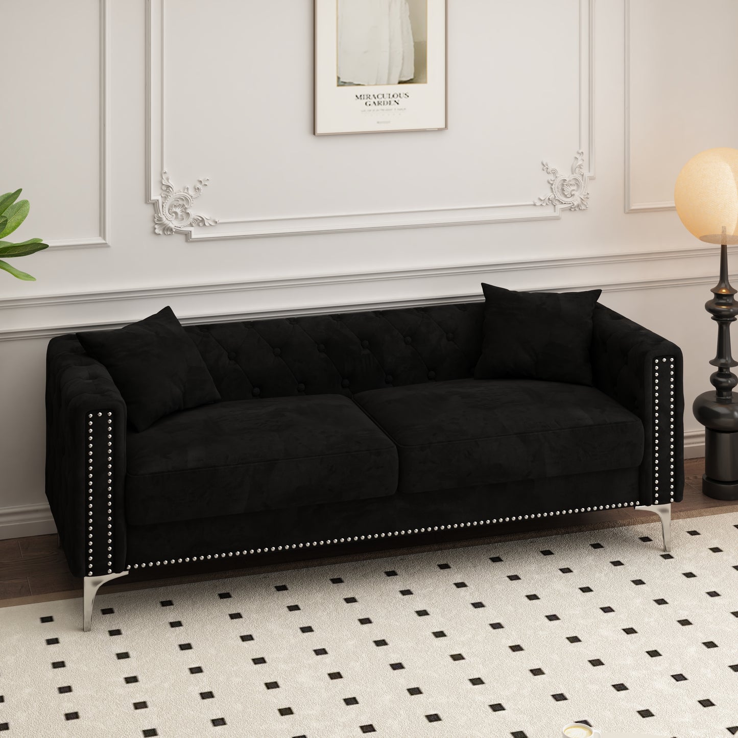 Sofa includes 2 pillows, 83 "black velvet triple sofa, suitable for large and small Spaces