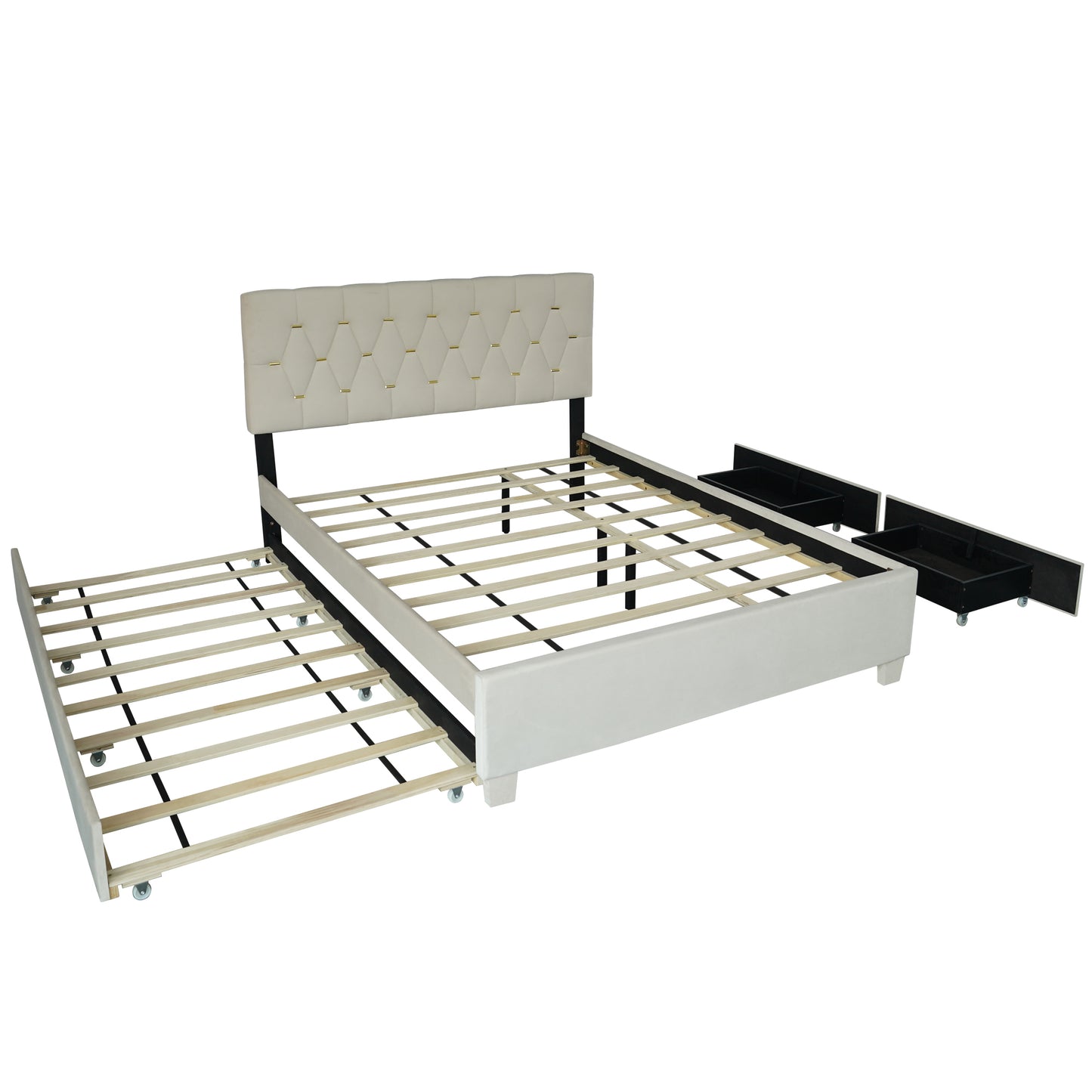 BEIGE QUEEN SIZE TRUNDLE PULL OUT DRAWERS STORAGE UPHOLSTERED BED MODERN DESIGN NO BOX SPRING REQUIRED