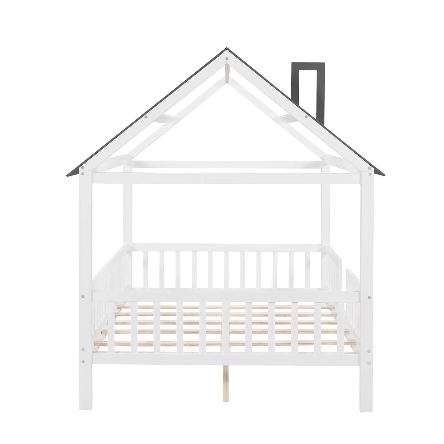 Full Size Wood House Bed with Fence, White+Gray