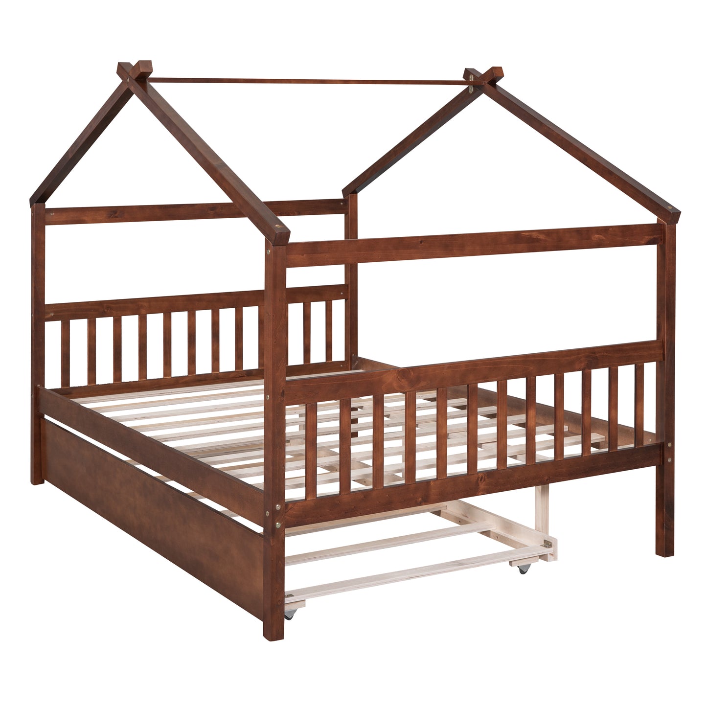 Full Size Wooden House Bed with Twin Size Trundle, Walnut