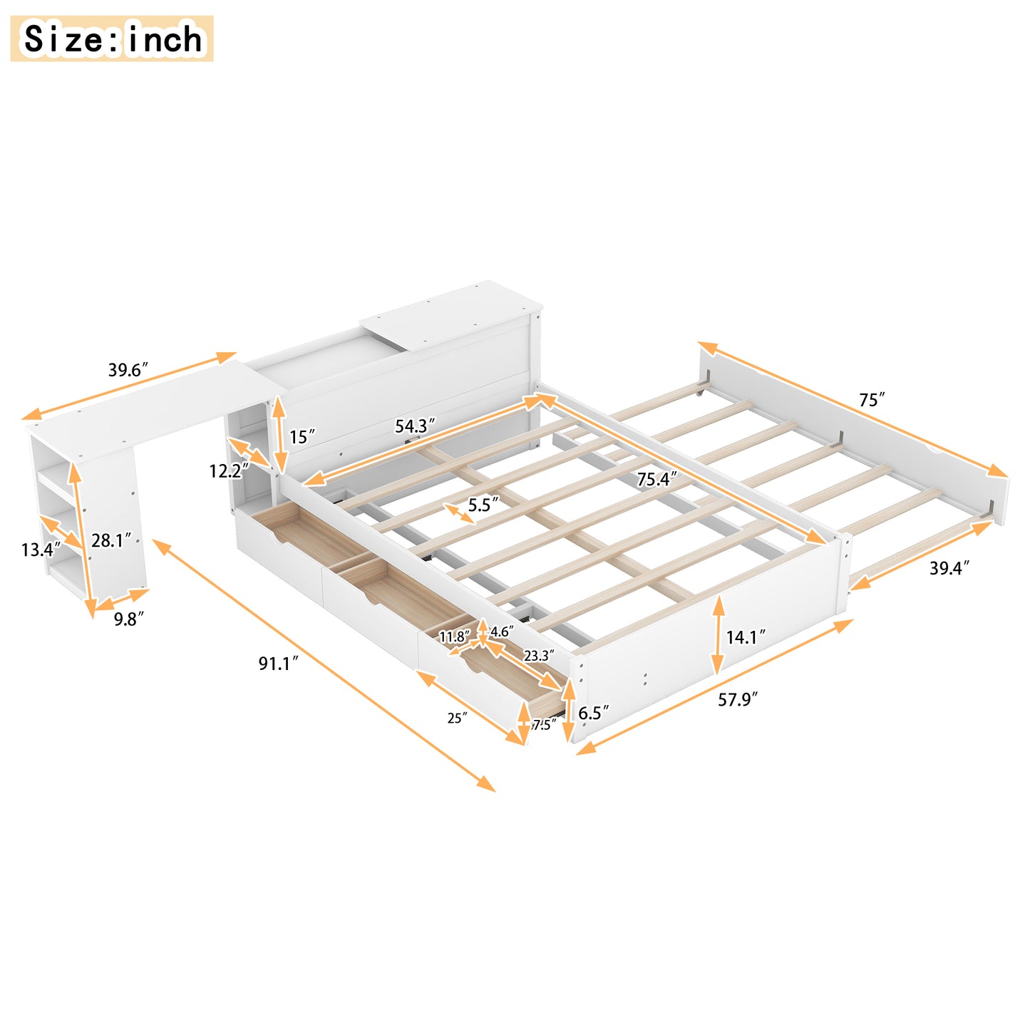 Full Size Platform Bed With a Rolling Shelf, White