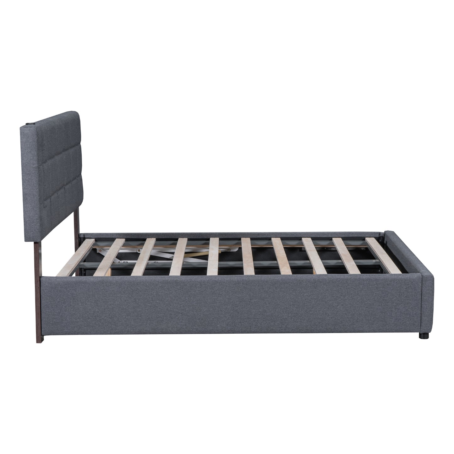 Queen Size Upholstered Bed with Hydraulic Storage System and LED Light, Gray