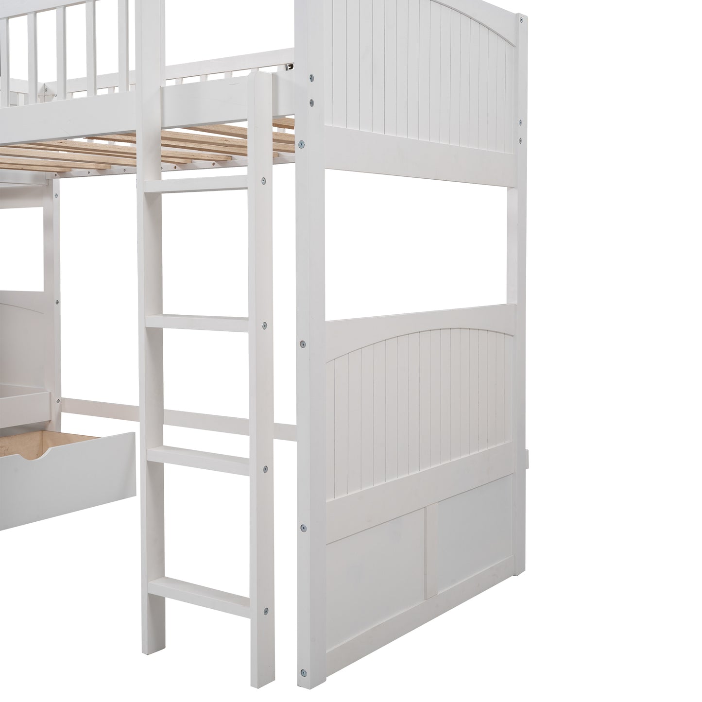 White Triple Sleeper Bunk Bed with Loft, Drawers, and Extended Sleeping Capacity