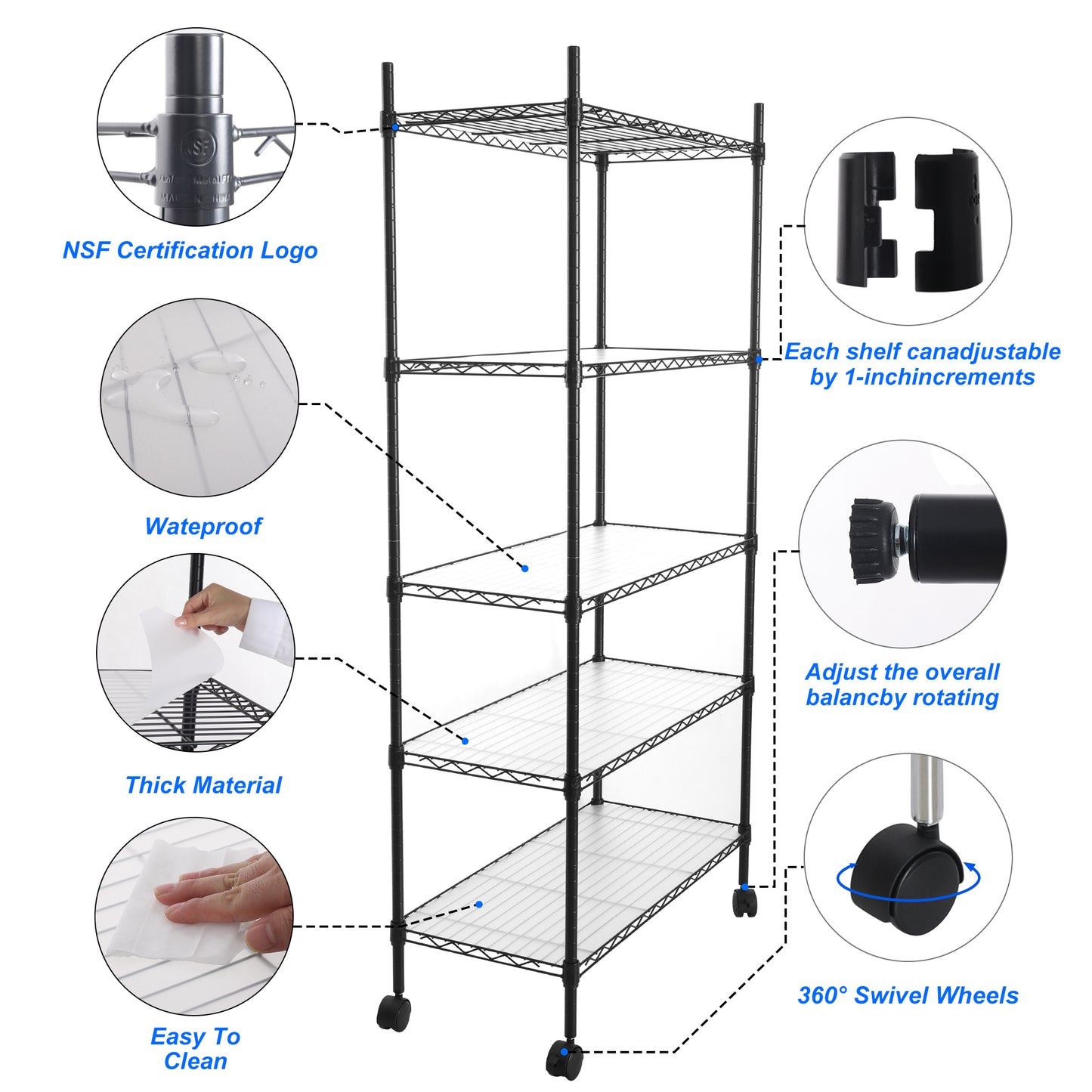 5 Tier Shelf Wire Shelving Unit, NSF Heavy Duty Wire Shelf Metal Large Storage Shelves Height Adjustable Utility for Garage Kitchen Office Commercial Shelving Steel Layer Shelf - Black