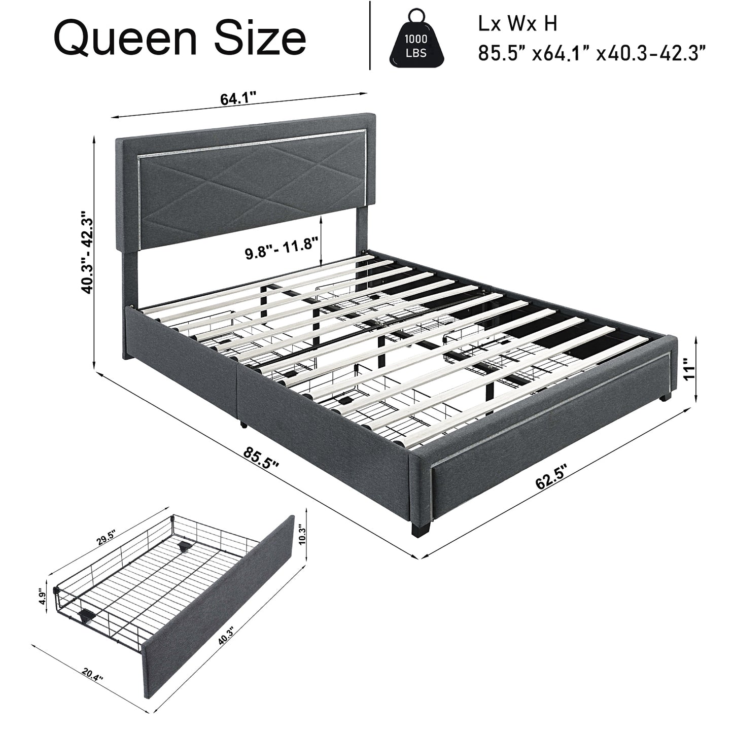 Upholstered Queen Size Platform Bed with LED Lights, Storage Bed with 4 Drawers, Gray color fabric