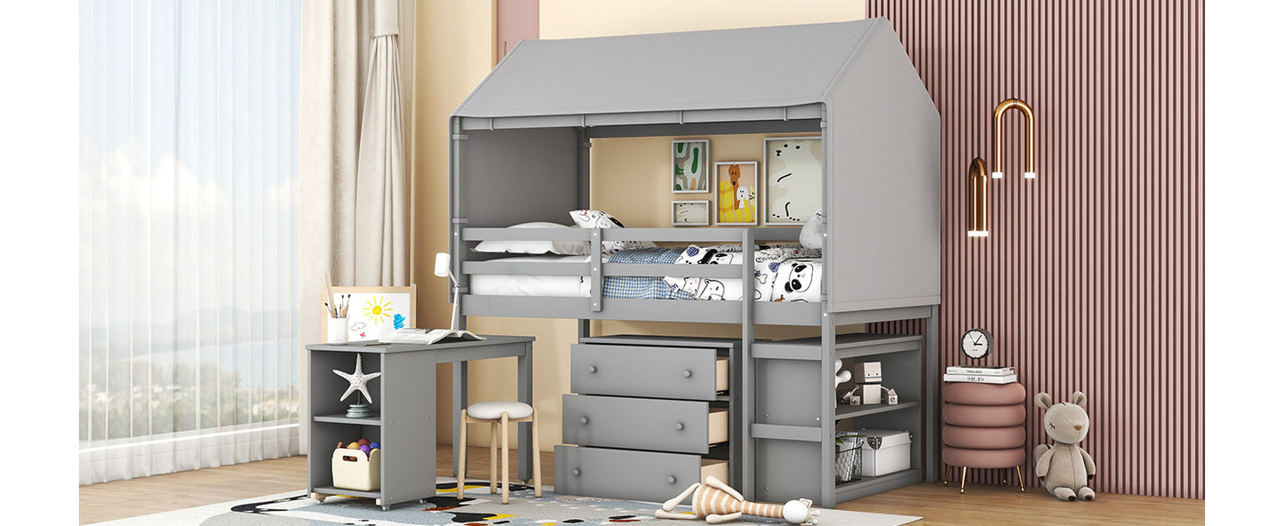 Twin Size Loft Bed with Rolling Cabinet, Shelf and Tent - Gray